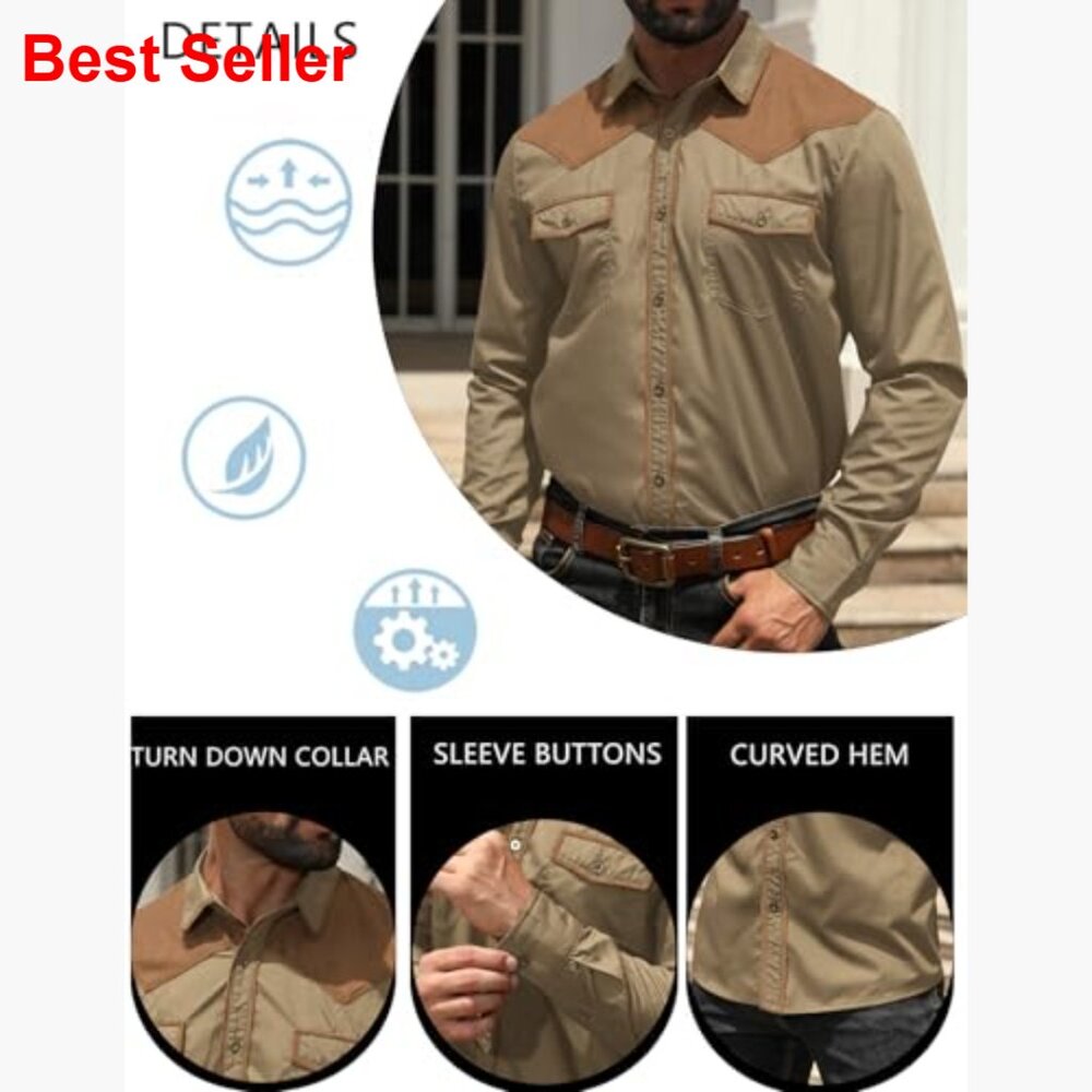 Men's Cowboy Shirt Long Sleeve Button Down Western Vintage Denim - Picture 4 of 7